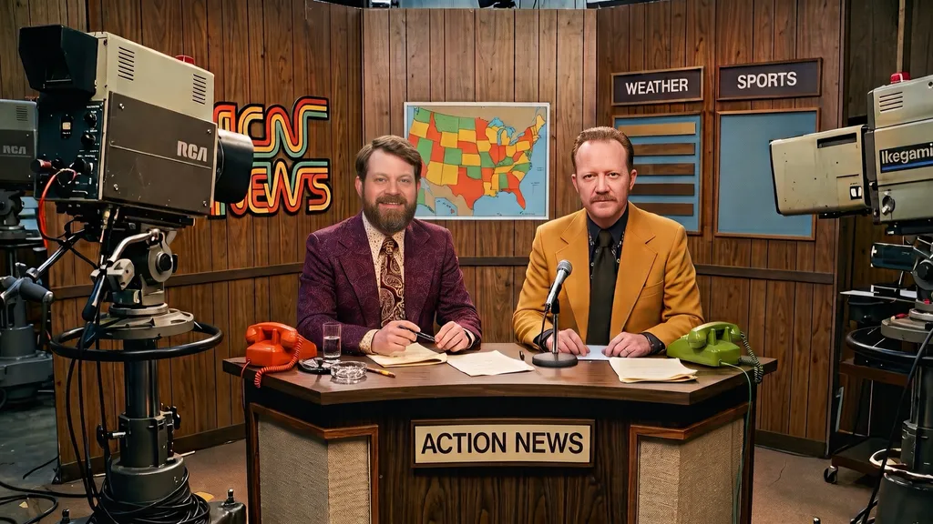 Two anchors in 1970s suits behind an Action News desk, flanked by studio cameras