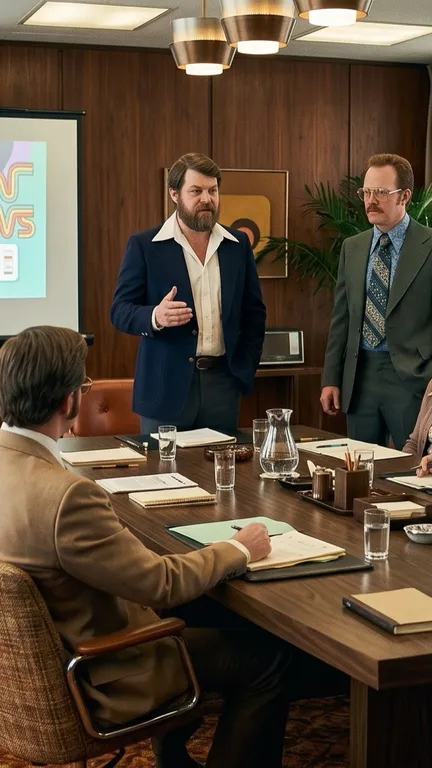 A campaign pitch to clients around a boardroom table, with charts on the projector screen
