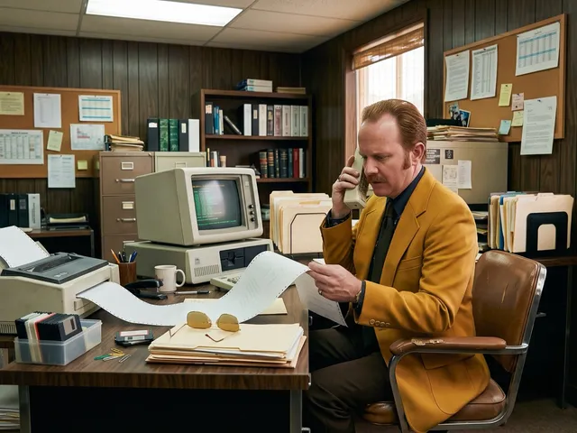 A salesman in a gold blazer working the phone at a wood-panelled office desk